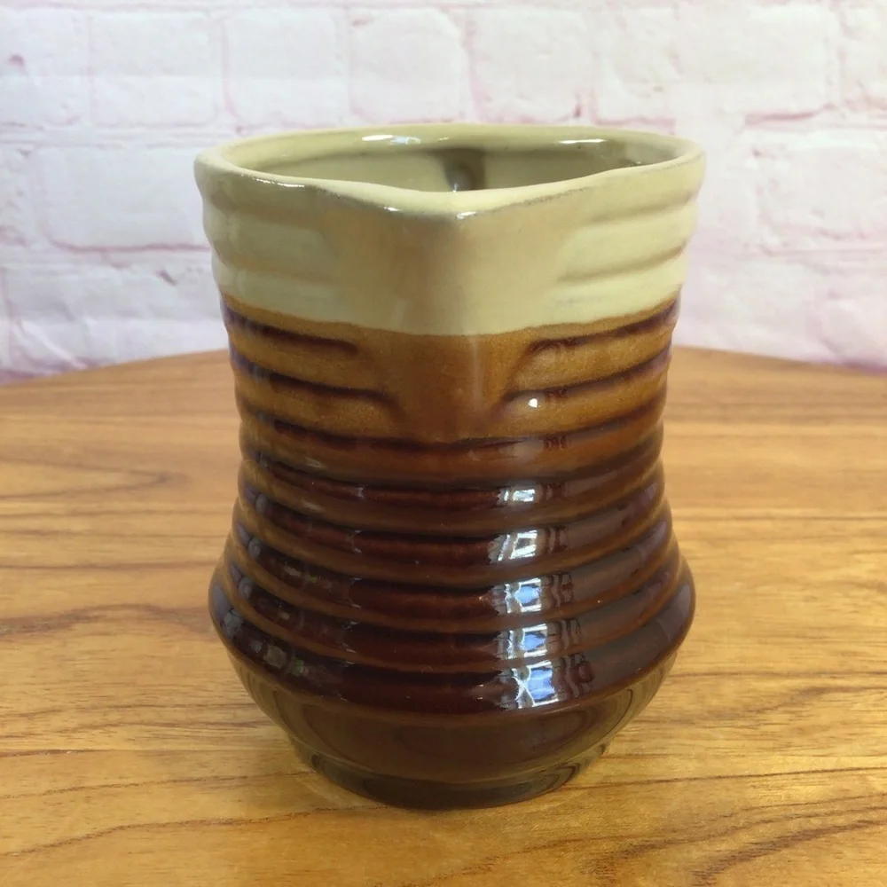 Vintage Three Tone Brown Ribbed Stoneware Covered Sugar Creamer Mug Set